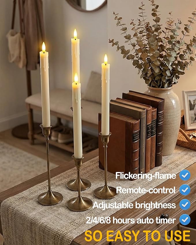 9.6" Rechargeable Flameless Taper Candles with Remote, Timer, Dimmer, Ivory LED CandleSticks, 6 Pack Long Candles Battery Operated for Window, Table, and Mantel Decor