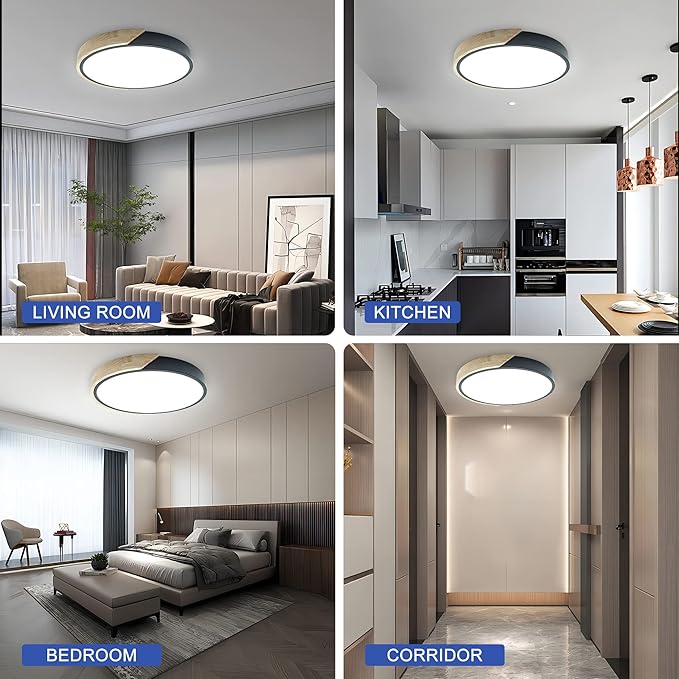 Wood LED Flush Mount Ceiling Light, 4500K Modern Round Close to Ceiling Light Fixtures, 12 Inch Minimalist Black Ceiling Lamp, Low Profile Ceiling Lights for Bedroom, Kitchen, Laundry