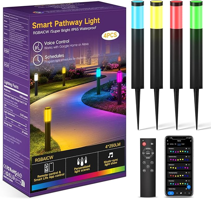 OUTON Pathway Lights Outdoor, Smart Low Voltage Landscape Lighting with RGB and 2200K-6500K White, APP Voice Remote Control, IP65 Waterproof Aluminum Walkway Lights for Yard Garden Patio, 4 Pack