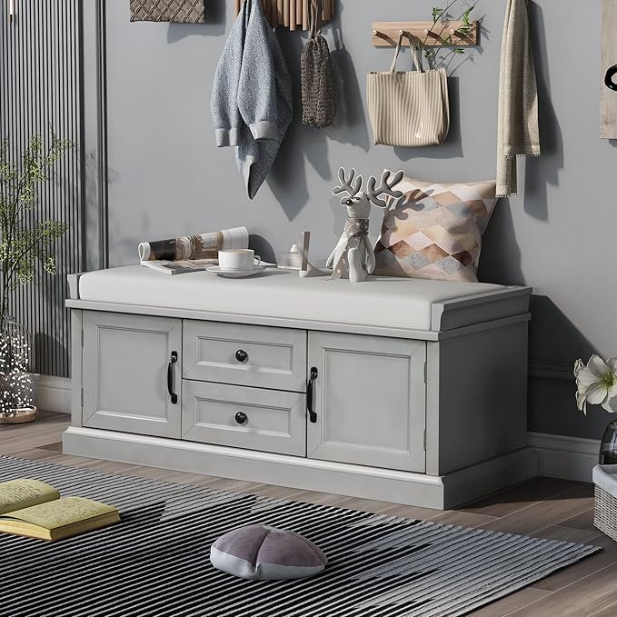 Entryway Storage Bench with Drawers & Cabinets — Cushioned Shoe Storage Bench for Hallway, Mudroom, or Living Room, Solid Wood Frame (Gray Wash)