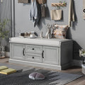 Entryway Storage Bench with Drawers & Cabinets — Cushioned Shoe Storage Bench for Hallway, Mudroom, or Living Room, Solid Wood Frame (Gray Wash)