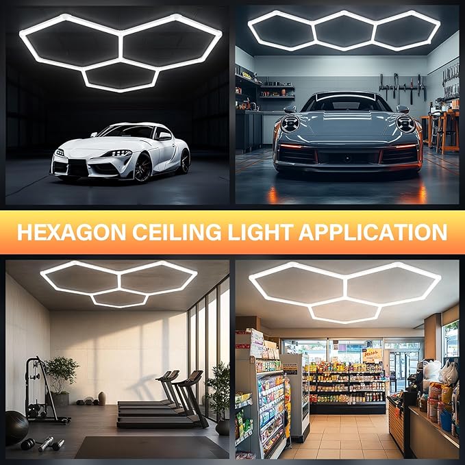ALLYES LED Hexagon Garage Light, Honeycomb LED Ceiling Lights, 15360LM 5000K 128W, DIY Splicing Hex Ceiling Wall Decor Lights, for Workshop Basement Gym Warehouse Bar Barbershop
