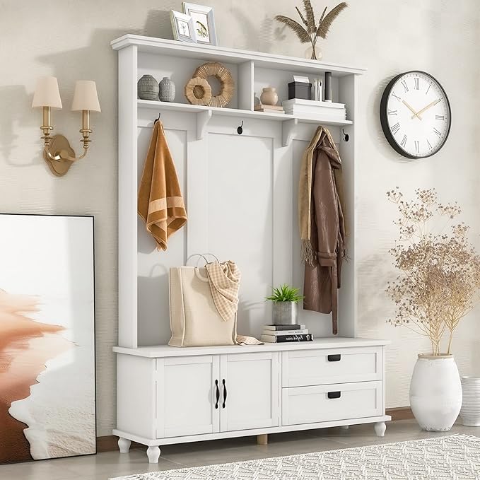 Widen Hall Tree with Bench and Shoe Storage, Modern Entryway Bench with Coat Rack, Cabinet, 2 Drawers and Shelves, Mudroom Bench with Storage and 5 Hooks for Entry Way, Hallway (White)