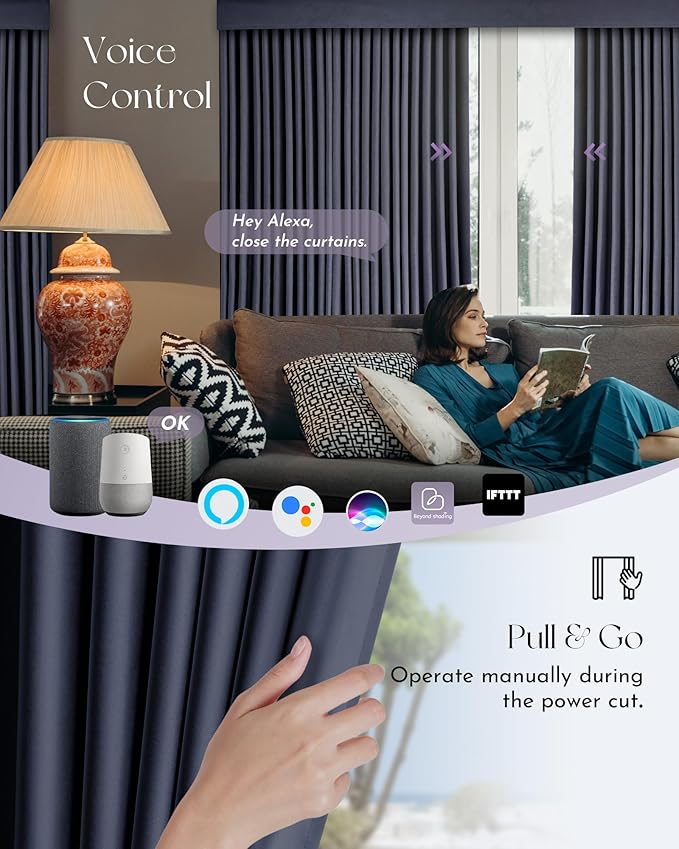 Graywind Hardwired Smart Curtains Compatible with Alexa Google Remote Control Motorized Drape for Sliding Door One-Way or Split Draw, Custom Width to 220" (Sapphire Blue)