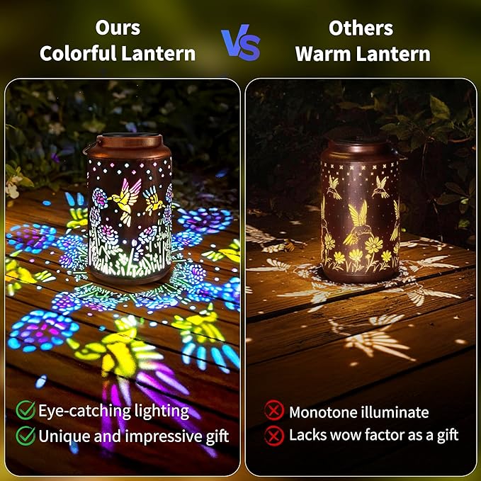 ODEETRONIC Solar Hummingbird Lantern with Colorful Projection - Hummingbird Birthday Gifts for Women Mom Grandma, Multicolor Hanging Lights Outdoor Waterproof, Solar Lantern Lights for Garden Patio