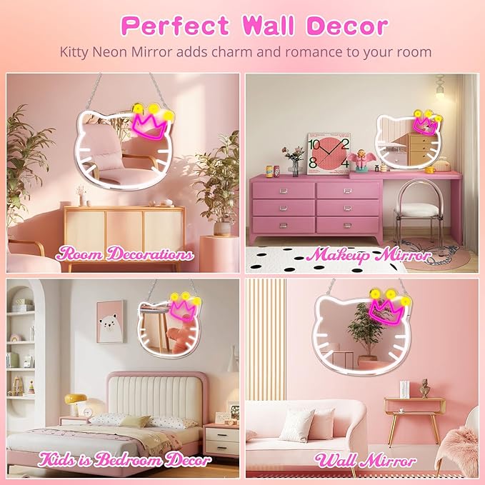 Anime Vanity Mirror with Neon Sign, 15.3 x 13.3 Inch USB Powered Makeup LED Mirror with Adjustable Brightness, Anime Style Room Wall Decor for Girls Teen Bedroom Women Children Gift Birthday Christmas