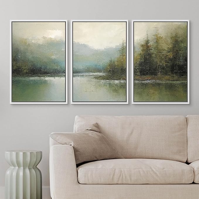 wall26 Framed Canvas Print Wall Art Set Emerald Green Pastel Pine Tree Forest Nature Wilderness Illustrations Modern Art Decorative Rustic Relax/Calm Colorful for Bedroom - 16"x24"x3 White