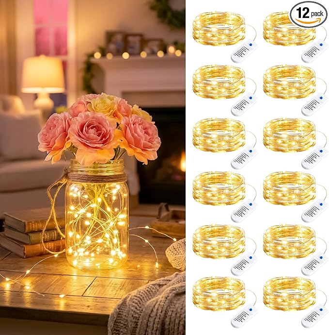 Minetom 12 Pack Fairy Lights Battery Operated String Lights 8 Modes, 7ft 20LED Warm White Waterproof Silver Wire Twinkle Lights, Firefly Starry Moon Lights for Mason Jars DIY Christmas Wedding Party