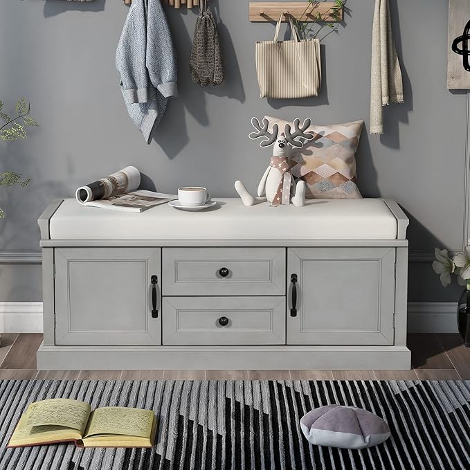 Merax Classic Wood Shoe Storage Bench with Drawers and Seat Cushion for Entryway Hallway Front Door Gray Wash