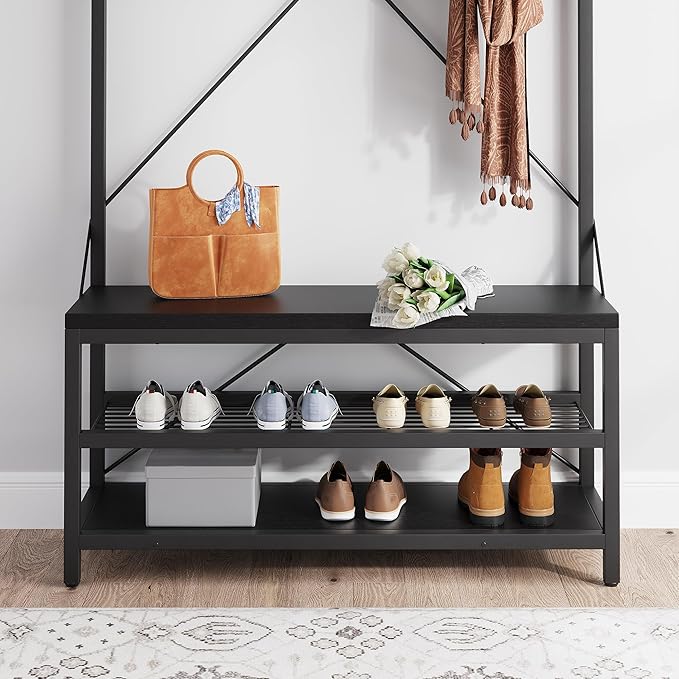 IDEALHOUSE Coat Rack Shoe Bench Industrial Hall Tree Storage Bench for Entryway Wood Look Accent Large Shoe Rack with Storage Shelf Hanging Bar,8 Hooks Grey 39.9"x15.7"x72"
