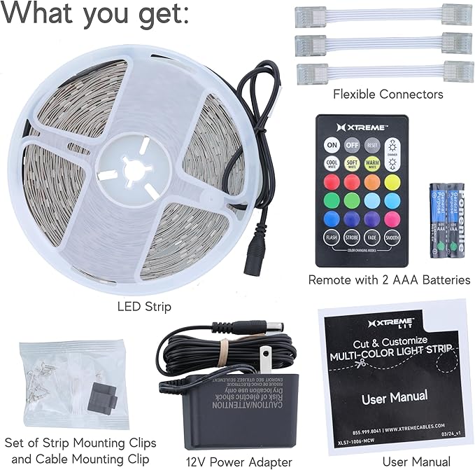 Xtreme Multicolored LED Strip Lights with Remote, 200 Foot RGBW Lights Strip with Adhesive Backing, Cut & Reconnect, Dimmable, 15 Colors, 1800 LED Lights, 4 Modes - Strobe, Flash, Fade & Smooth