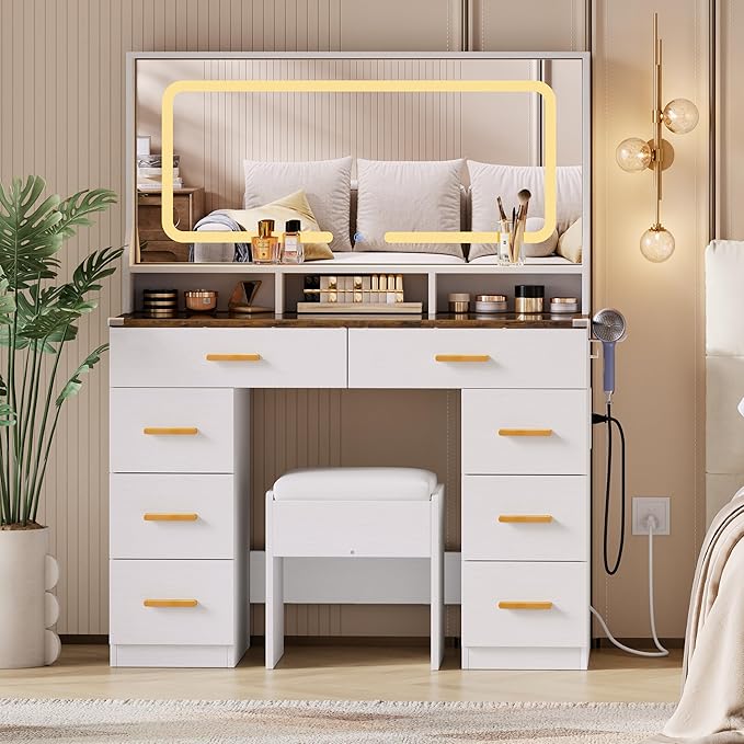 IDEALHOUSE Vanity Desk with Mirror and Lights, Makeup Table with Glass Top & 8 Drawers, 3-Color LED Mirror, Power Outlets & USB, Hair Dryer Holder, Stool Included, Dressing Table Set for Bedroom