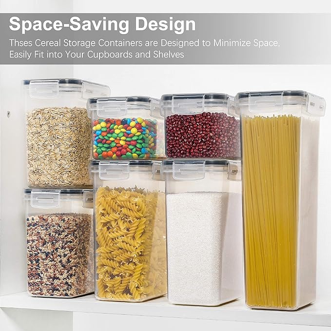 Airtight Food Storage Containers with Lids, 7 PCS BPA Free Kitchen Canisters for Spaghetti, Pasta, Dry Food, Flour and Sugar, Plastic Canisters for Pantry Organization and Storage
