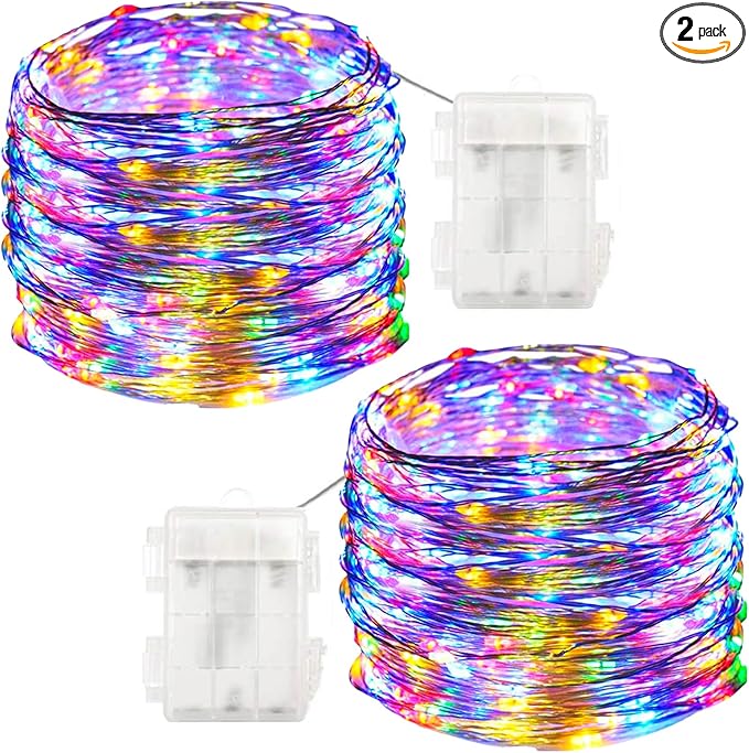 Twinkle Star 33FT 100 LED Silver Wire String Lights Fairy String Lights Battery Operated LED String Lights for Christmas Wedding Party Home Holiday Decoration, Multicolor 2 Pack