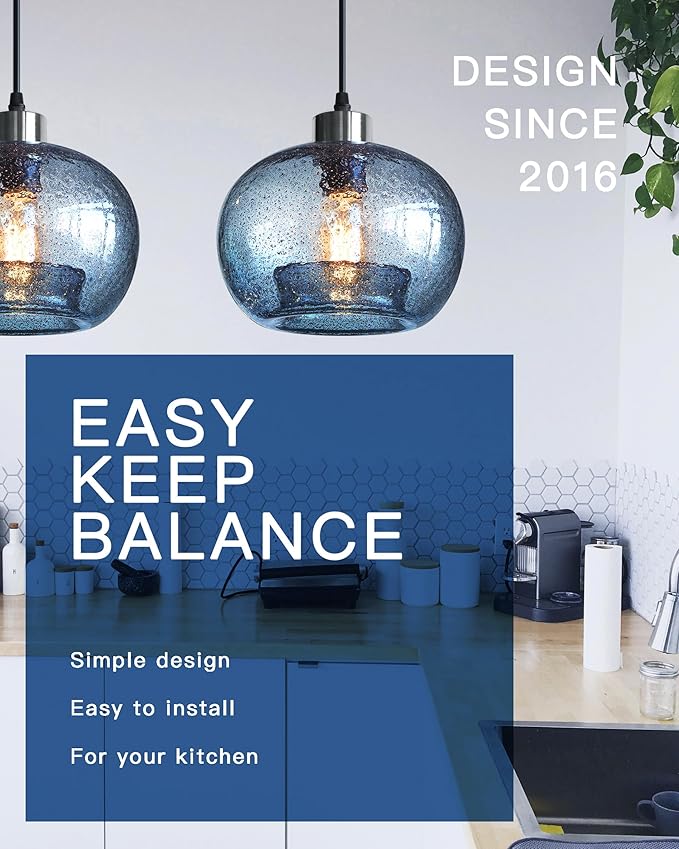 CASAMOTION Glass Pendant Lights Kitchen Island Modern Farmhouse Blue Ceiling Hanging Light Fixtures Globe Over Table Sink Foyer Entryway Brushed Nickel 8.7 Inch Diam