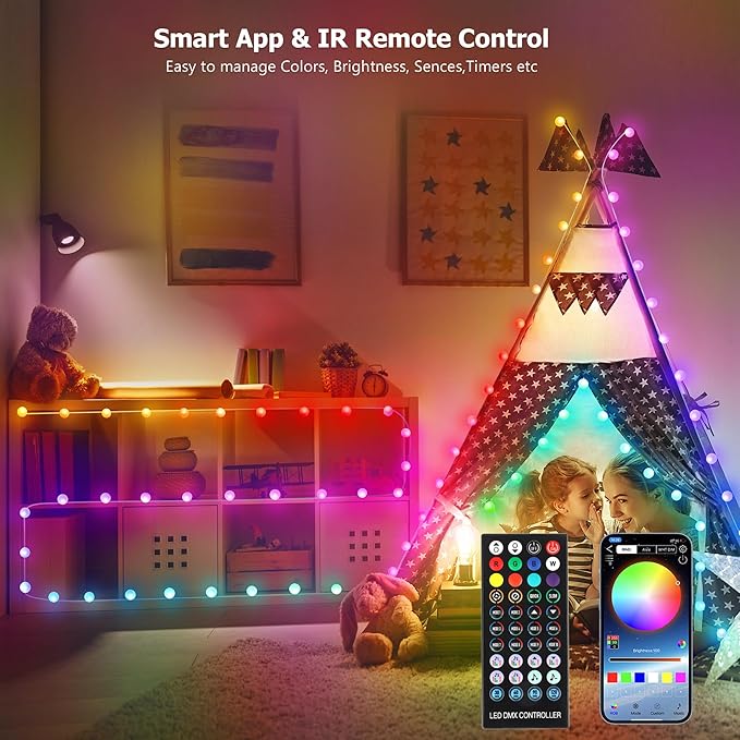 33ft Globe String Lights, 66 LED RGB Color Changing String Fairy Lights, Smart APP & IR Remote Control, 200+ Scene Modes for Bedroom Backdrop Indoor Outdoor Christmas Decorations