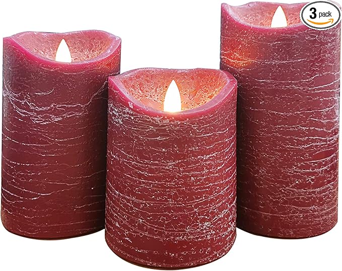 Flameless LED Candles Set of 3 (D 3’’ x H 4’’ 5’’ 6’’) Real Wax Battery Operated Candle with Timer Home Decorative Pillar Flickering Lights,Wedding Party Events Decor,Burgundy