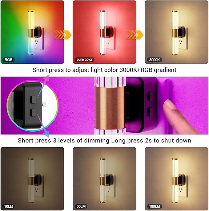 JandCase Night Light, Night Lights Plug into Wall, Color Changing Nightlight RGB with Dusk to Dawn Sensor, Vanity Light Bar for Hallway, Bathroom, Rooms[2 Pack]