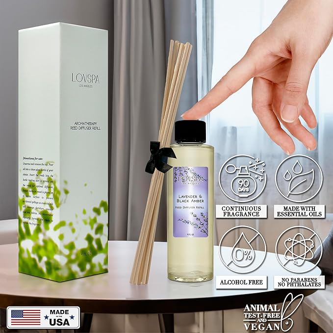 LOVSPA Lavender & Black Amber Diffuser Oil - Luxury Essential Oils for Diffuser Refill & Air Freshener Room Spray - Long-Lasting & Natural Home Fragrance, Scented Oil for Diffusers, USA Made, 4oz