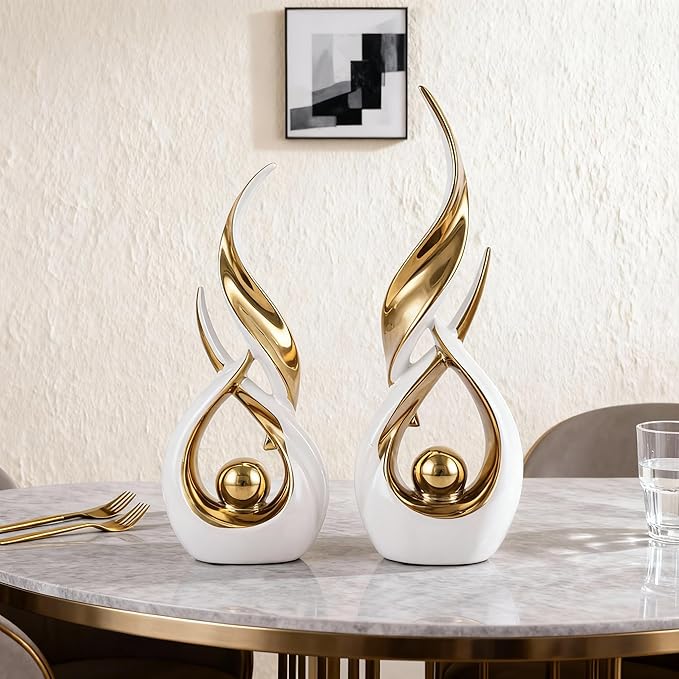 2-Piece Abstract White and Gold Home Decor, Ceramic Abstract Sculpture, Modern Art Piece, Suitable for Room Coffee Table Countertops, Office Bookshelves, Dining Table Centers, Entryway Decor.