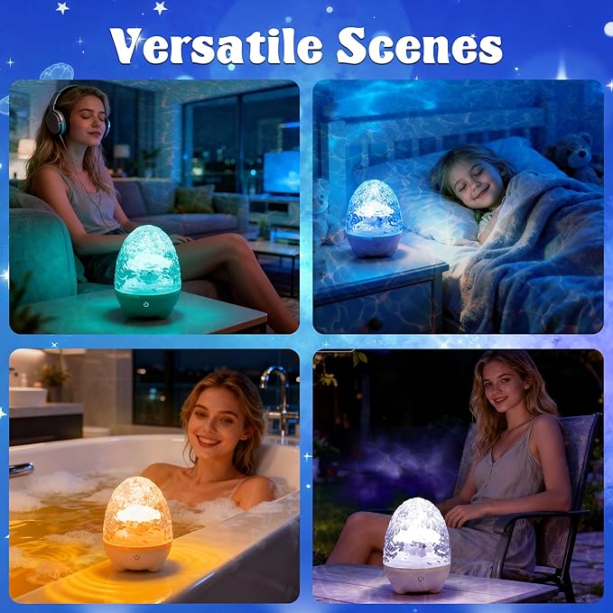 Waterproof Shower Light for Inside Bathroom, Egg-Shape Rechargeable Kids Bath Light, RGBW 13 Color Changing Shower Lamp Ocean Wave Projector Mood Night Lighting