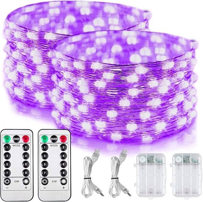 2 Pack Battery Operated UV Blacklight, 16.4ft 2835 LED UV Lamp Beads 8 Modes Flexible Black Lights Fixtures Fairy String Lights with Remote for Fluorescent Party Stage Body Paint Halloween Décor