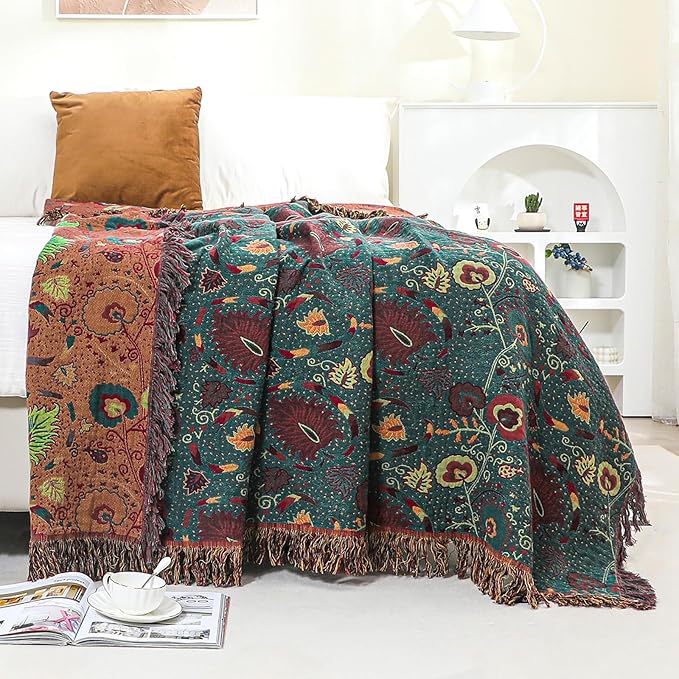 Boho Fall Throw Blanket for Bed,100% Ultra Cotton Soft Breathable Bed Throw Floral Printed Farmhouse Decor Rustic Bed Throws for Couch Sofa Quilt 80" x 90"