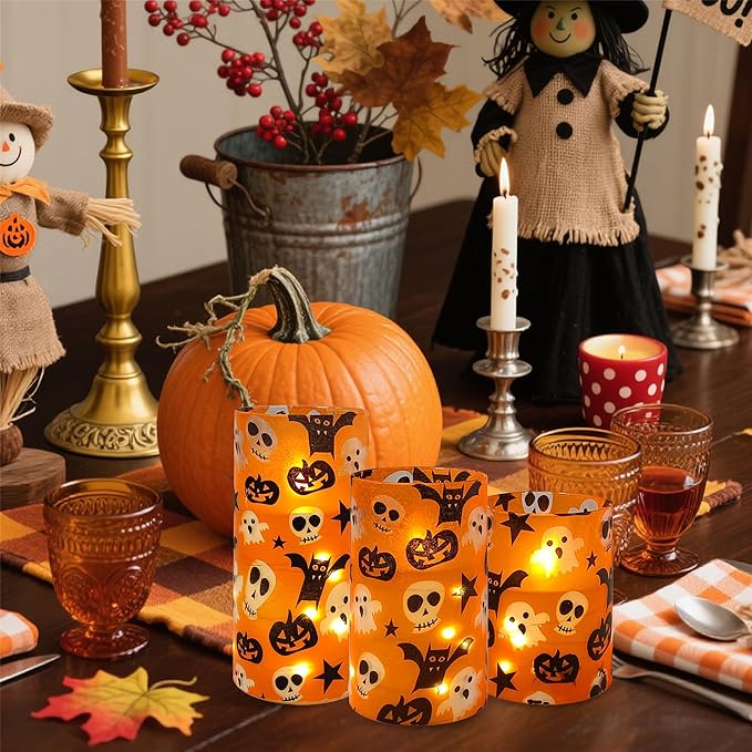 Halloween Flameless Candles with String Lights - Set of 3 Ghost Battery Operated Candle Flickering Floral LED Pillar Candles with Timer Remote for Home Decor Romantic Ambiance