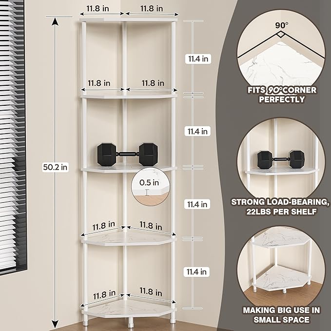 5-Tier Corner Shelf Stand Marble White 50.2" Bathroom and Kitchen Corner Shelves for Small Spaces Organization & Storage Kitchen Decor Accessories