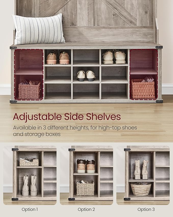 VASAGLE Hall Tree with Bench and Shoe Storage, Coat Rack with Shoe Bench, Entryway Furniture, 16 Open Compartments, 6 Tri-Hooks, Farmhouse Style, Space Saving, Heather Greige UHSR427K02