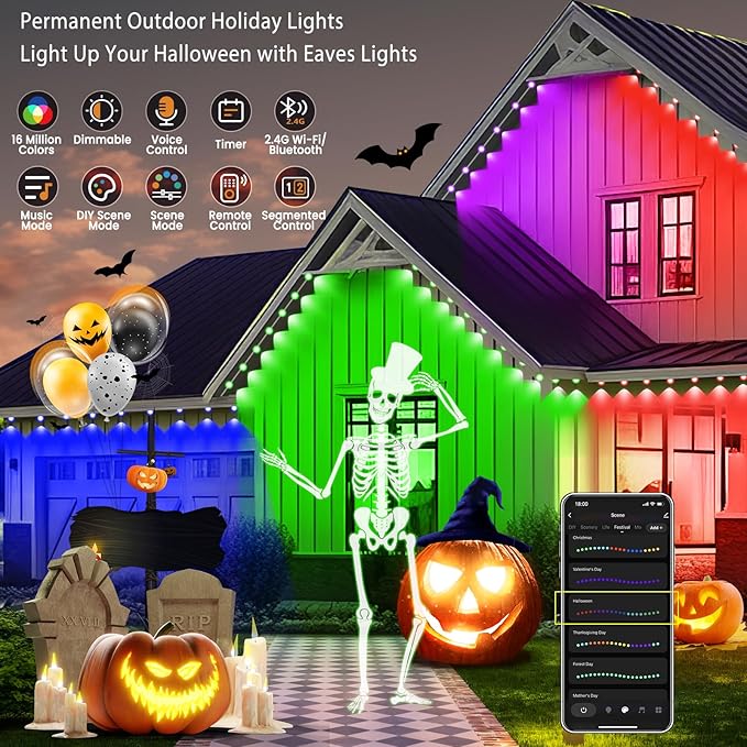 Smart Permanent Outdoor Lights for House, IP67 Waterproof with 54 Scene, 50ft RGB+IC LED House Lights Outdoor All Year, for Halloween Christmas Work All Holiday Decor, Work with Google Assistant,Alexa