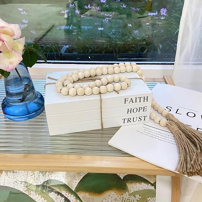 Decorative Books for Home Decor, White Faux Books for Decoration, Rustic Farmhouse Stacked Display Books (Faith, Hope, Trust)