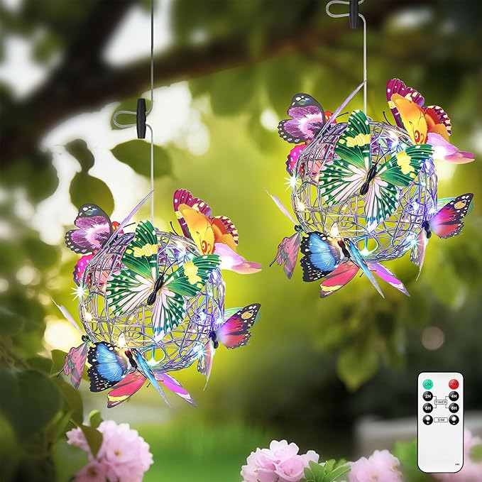 Lightess Butterfly Garden Decor Hanging Gazebo Lights, Waterproof Battery Operated Chandelier with Remote, Outdoor Lanterns for Patio, Porch, Pergola (2 Pack)