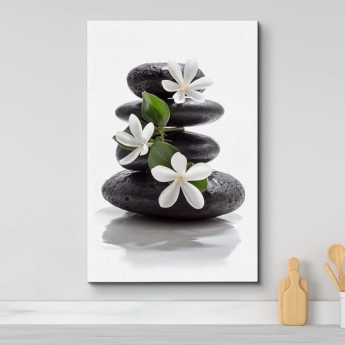 wall26 Canvas Print Wall Art Zen Dark Basalt Stones with Magnolia Blossoms Nature Floral Photography Realism Rustic Colorful Multicolor Ultra for Living Room, Bedroom, Office - 24"x36"
