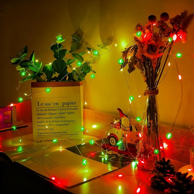 Aogist 50 Pack Fairy Lights 3 Modes 7ft 20 LED Waterproof,Battery Operated Silver Wire Firefly Starry Moon Mini String Lights for Mason Jars Christmas DIY Crafts Wedding Party Bedroom,Red&Green