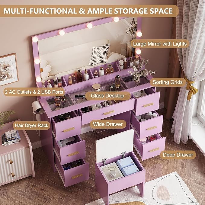 44" Vanity Desk with 38" Large Mirror and 9 LED Lights & Glass Top and Power Outlet, Makeup Vanity Set with 7 Drawers & Chair and RGB Ambient Light, Dressing Table for Bedroom, Modern Purple