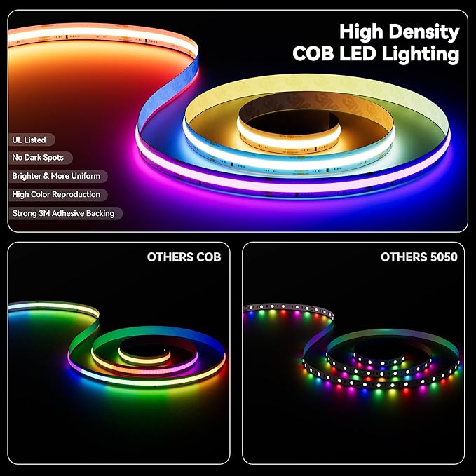 PAUTIX COB LED Strip Lights Pro, UL-Listed RGB Smart IC Chasing Color Addressable COB LED Tape Light, Music Sync Flexible RGB LED Lights, Smart Strip Light, for Party, Bedroom, Color Changing, 6.56ft