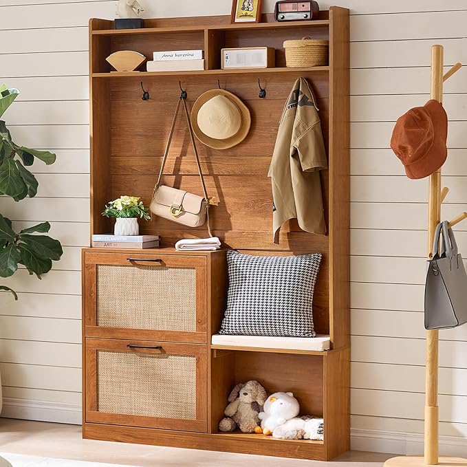 LEYAOYAO 78" Tall Boho Hall Tree with Bench & Shoe Storage, 4-in-1 Mudroom Coat Rack with 2 Flip Rattan Drawers & Cushioned Stool, Entryway Hall Tree Cabinet with 6 Hooks for Garage, Tea Brown
