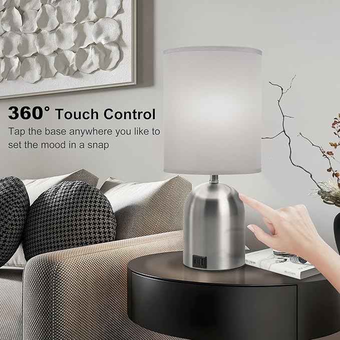 Bedside Table Lamp for Bedroom, 3 Way Dimmable Touch Small Desk Lamp for Office with USB Charging Port Lamps for Living Room, Bedroom, Reading Room, Office, Grey/Sliver, Silver