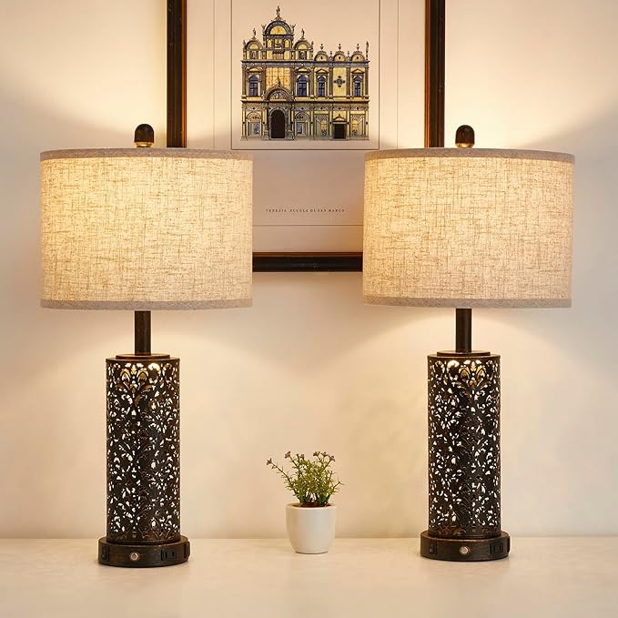 26" Set of 2 Farmhouse Table Lamp, 3-Way Dimmable Touch Control with Nightlight, 2 USB Ports + AC Outlet Vintage Rustic Bedside Lamp for Living Room Bedroom and Nightstand (Black-2 Pack)