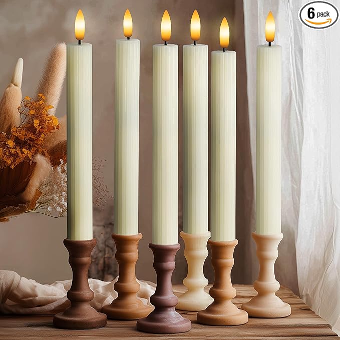 6 Pack, 10" LED Flameless Ivory Fluted Ribbed Grooved Taper Candles, Remote & 24h Timer Memory, On/Off Button, Dimmable, Flicker Mode, Battery Operated, Christmas Menorah Wedding
