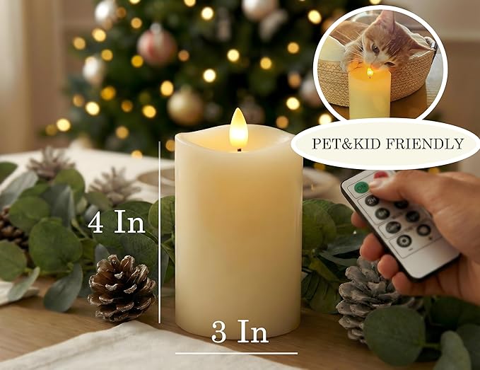 Flameless Pillar Candles Flickering with Remote Timer, Battery Operated LED Candles Up to 400 Hours, 3D Moving Flame Real Wax Candles. (Ivory Melted Top)