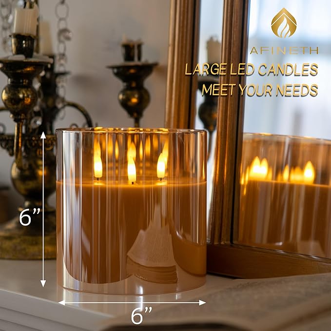 Extra Large Flameless Candles with 3 Wicks, 6"x6" Glass Battery Operated Candles with Remote, Real Wax Flickering LED Candles Fake Candle for Home, Wedding, Party, Glod