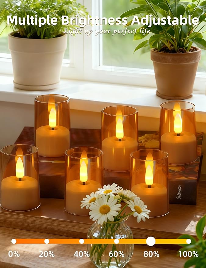 Rechargeable Acrylic Flameless Candles with Remote Timer, Flickering Warm White Tealights, Ideal for Home Decor Weddings Parties, Restaurants(Amber,Set of 6)