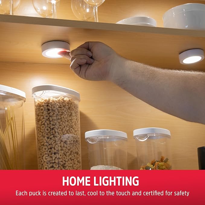Energizer Wireless LED Puck Lights, Battery Operated Touch/Tap Stick on Lights, Under Cabinet, Ideal for Kitchen Cabinets, Closets, Garage 2 Pack, 81544