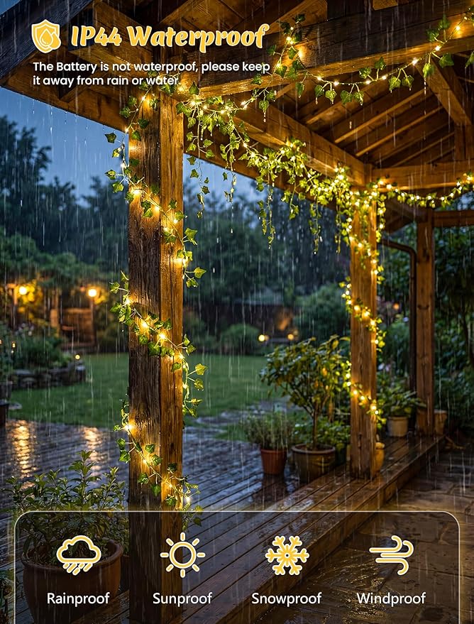 YOUNGAR Ivy Vines with Fairy Lights, Battery/USB Operated Leaf String Warm White Lights, 23FT 73LED Vine Lights with Remote for Bedroom Garland Wedding Birthday Garden Party Wall Room Headboard Decor