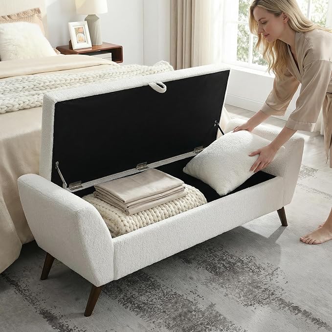 60'' Modern Upholstered Storage Ottoman Bench with Mid-Century Wood Legs, Entryway Bench with Hidden Storage for Living Room, Bedroom, and End of Bed, Comfort Padded Seat (B-White)