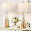 Glass Table Lamps Set of 2, Modern Bedside Lamps for Bedrooms with 3-Way Dimmable Touch Control Nightstand Lamp with White Lampshade USB A+C Ports, 27.5" Large Lamps for Living Room Decor, Champagne