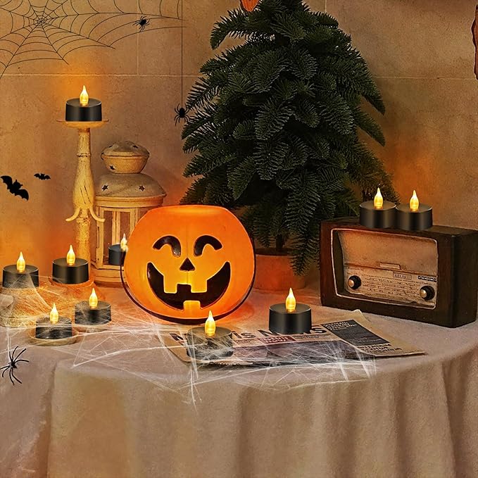 Tea Lights Battery Operated Candles LED Tea Lights Flameless Candles 200+ Hours Flickering Fake Tealights for Halloween, Christmas Aniversary Home Table Decor(Black, 100 Pack)