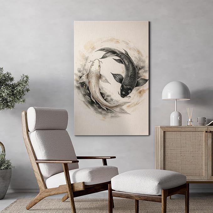 wall26 Canvas Print Wall Art Yin Yang Koi Fish Circle Minimal Asian Inspired Photography Realism Rustic Colorful Multicolor for Living Room, Bedroom, Bathroom - 24"x36"